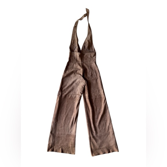 Marianne Vanderwilt Leather Suede Jumpsuit Brown Tan Halter Pants Fringe Wrap - Picture 2 of 15